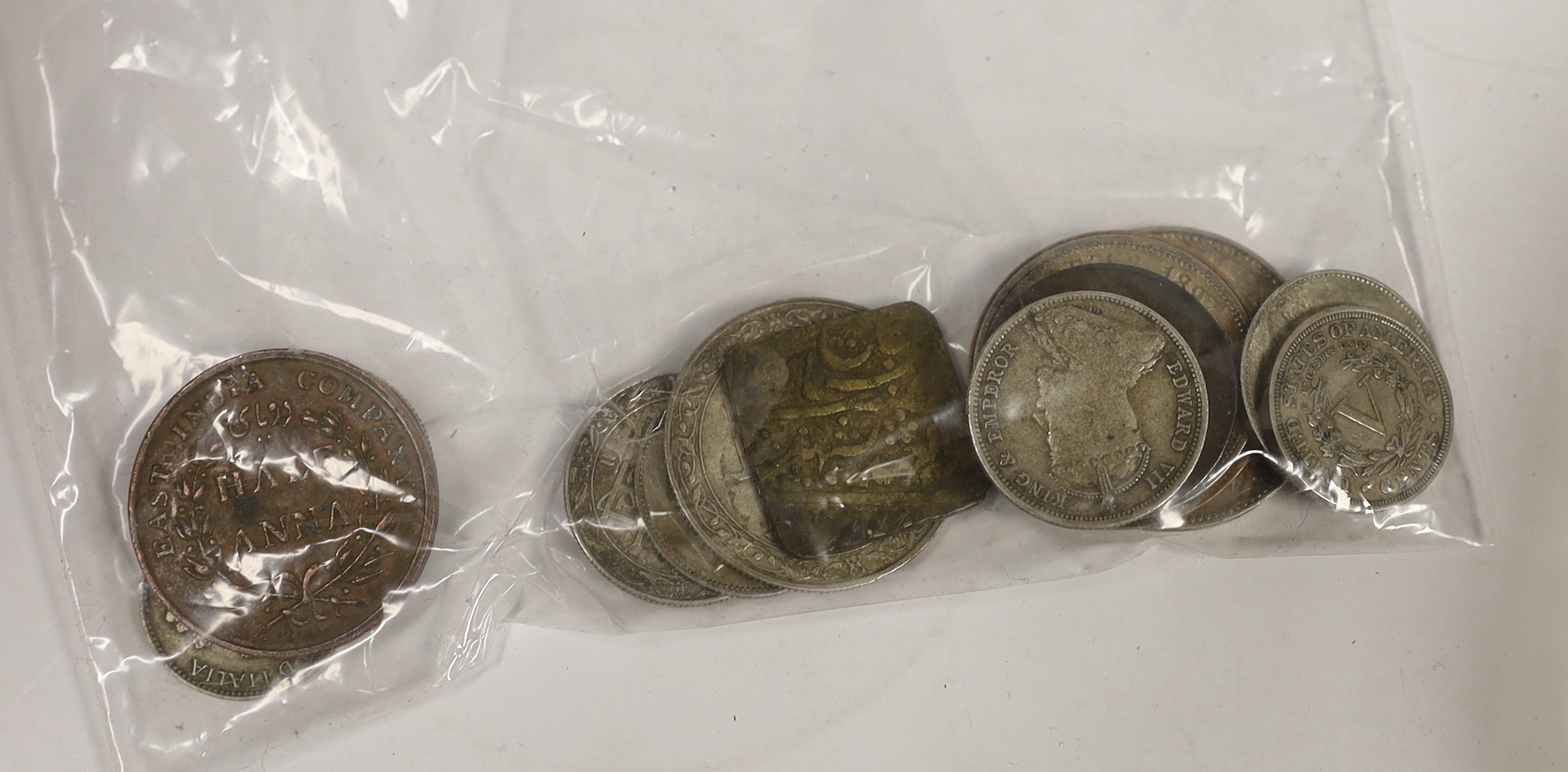 World coins to include Republic of South Africa 2 1/2 shillings 1897, two shillings 1897, one Penny 1898, India princely states one rupee, East India Company half Anna 1835, US liberty head five cents, 1909, etc.